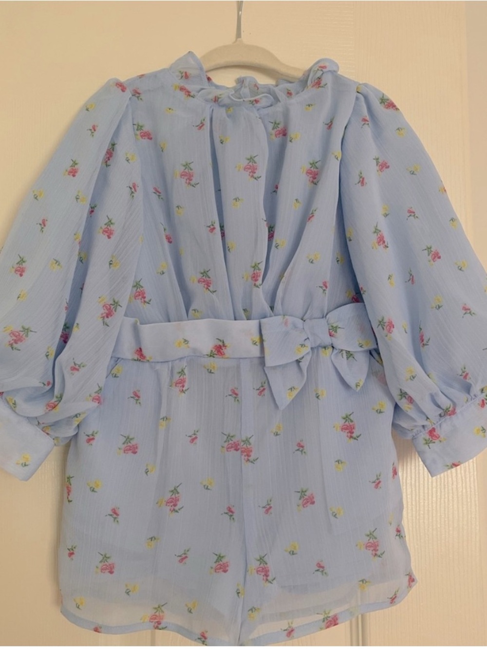 Girls' Light Blue Floral Belted Romper